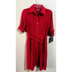 Sharagano Pure Red Roll Tab Sleeve‎ Self Tie Shirt Dress Size 4 NWT